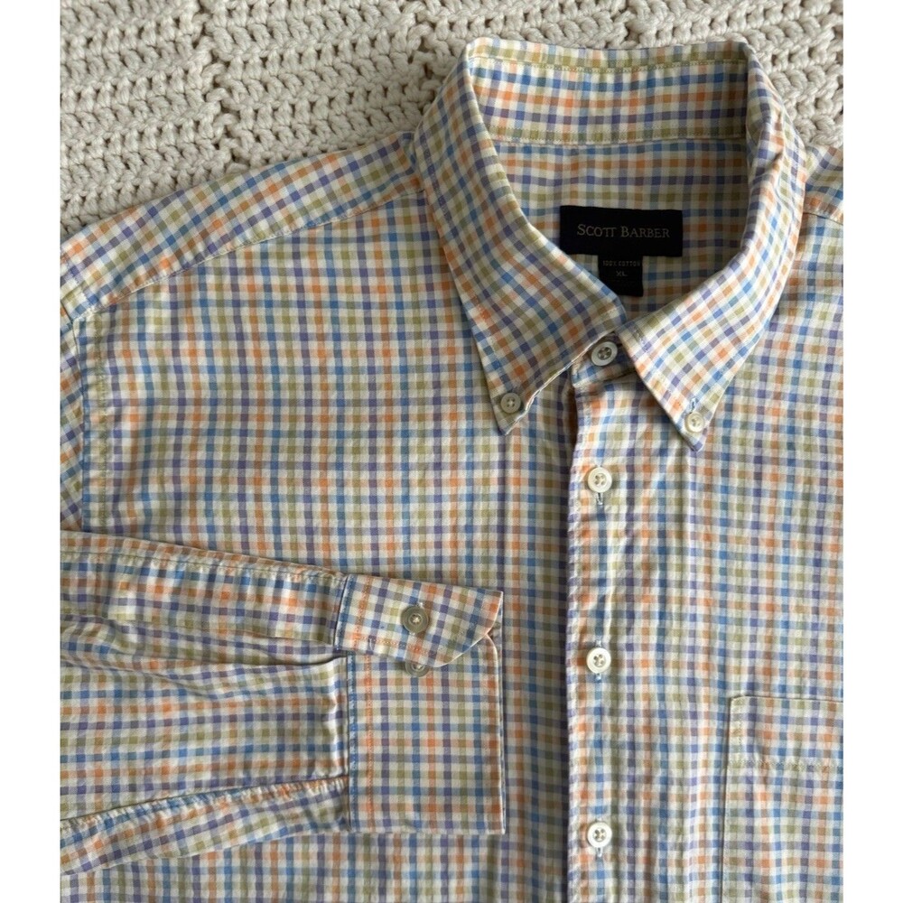 SCOTT BARBER Mens XL Colorful Pastel Gingham Plaid 100% Cotton Button Down Shirt